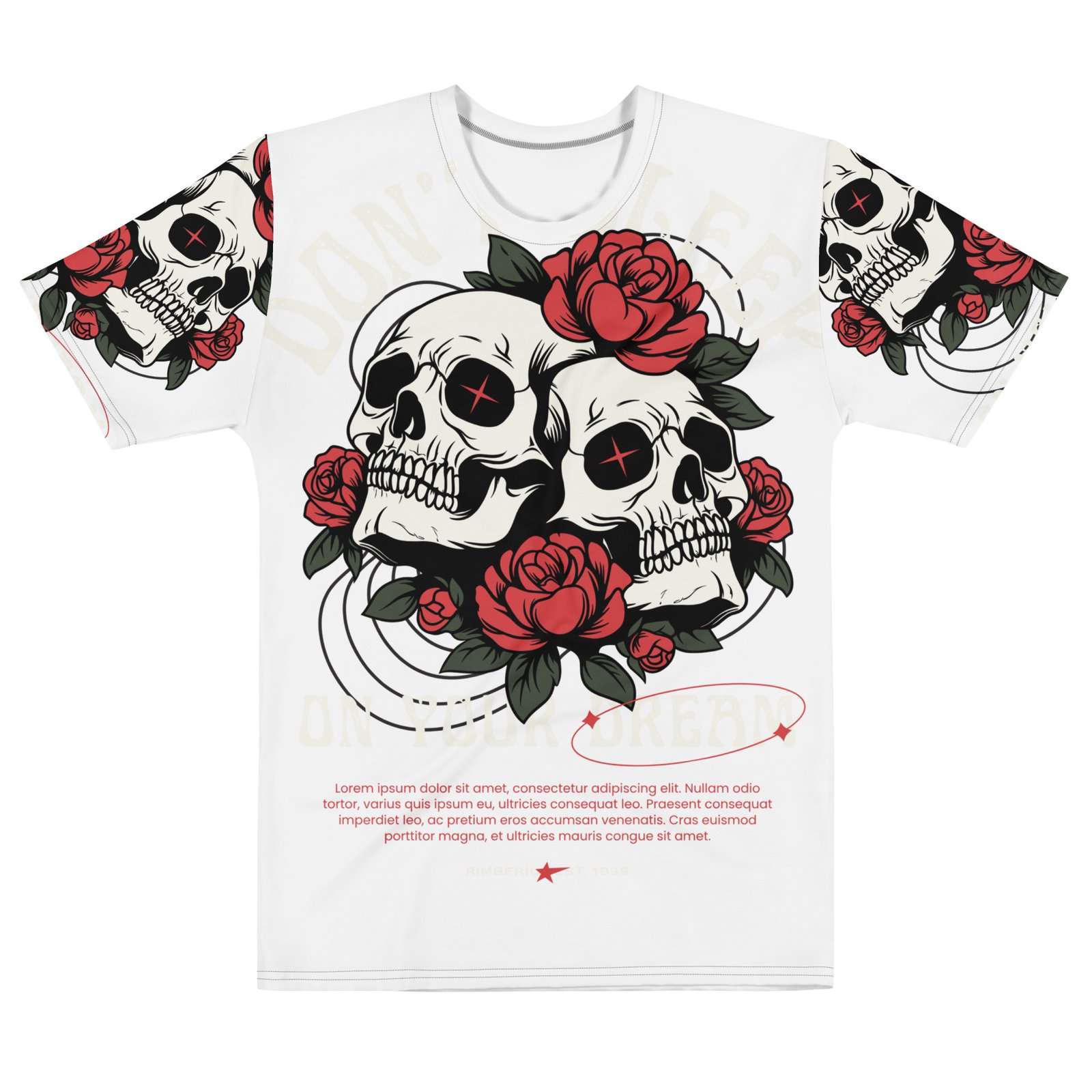 Black White Red Vintage Skull & Rose Bold Streetwear T-Shirt - Image 2