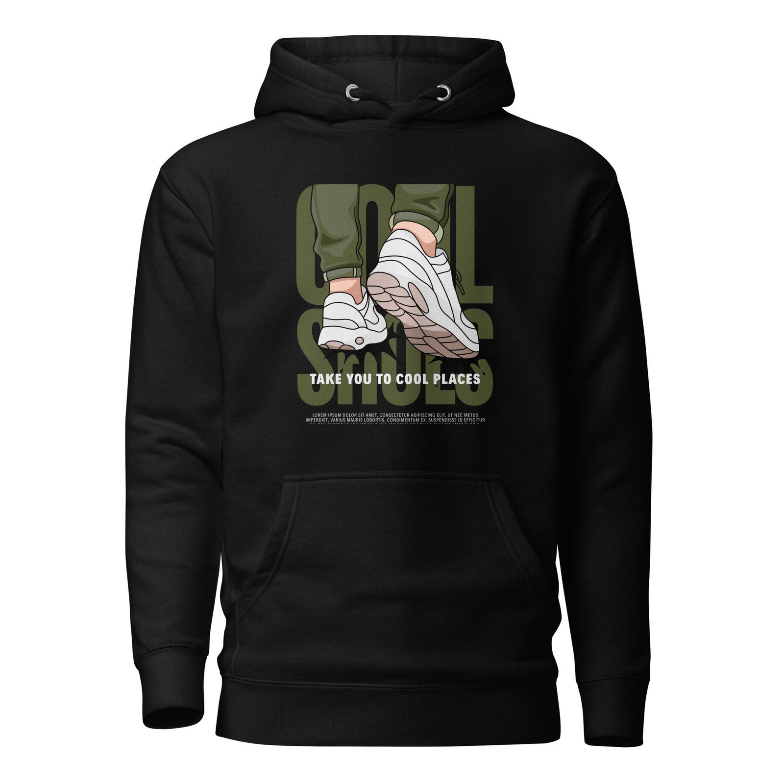 Product Title: Army Green x Black Streetwear “Cool Shoes” Illustrative Hoodie - Image 2